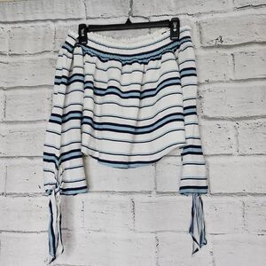 Lovers + Friends White Blue Off the Shoukder Lined Shteiped Shirt Womens Medium